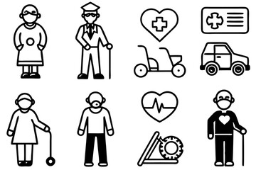 Elderly Care and Healthcare Vector Icons Set | Medical & Senior Support Symbols