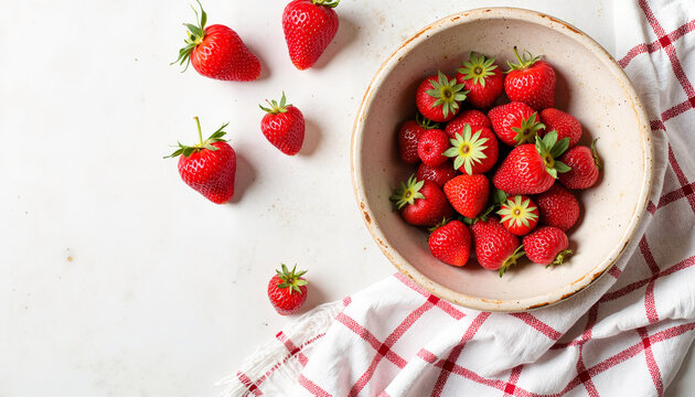 Fresh strawberries in a bowl on a checkered towel background