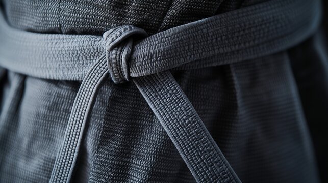 A jiu-jitsu gi with belt tied, indoor setting with traditional dojo backdrop, Classic style