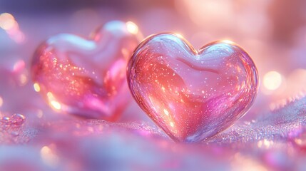 Obraz premium Abstract Valentine's Day art featuring floating 3D metallic hearts with iridescent reflections in a pink and gold color scheme for a luxurious love theme.