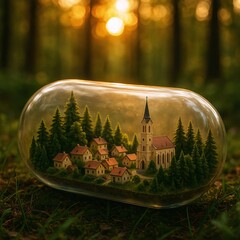 Miniature village with church in glass capsule, forest background