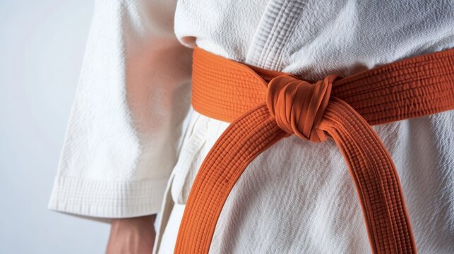 A jiu-jitsu gi with belt tied, indoor setting with traditional dojo backdrop, Classic style