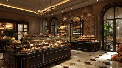 Luxurious pastry shop interior with display cases filled with delectable desserts.