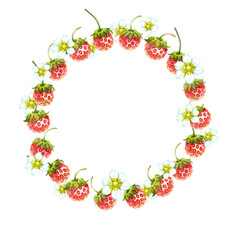 Watercolor wild strawberry wreath with flowers on transparent background