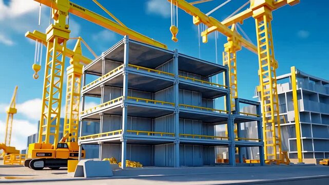 Modern building construction site with yellow tower cranes, steel structure framework, and clear blue sky during daytime infrastructure work

