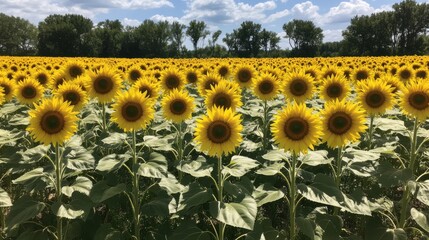 Obraz premium Vibrant sunflower field under a bright blue sky, showcasing nature's beauty and tranquility