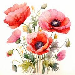 watercolor illustration of red poppies on a white background
