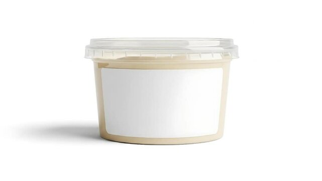 Container of hummus with blank label on white background