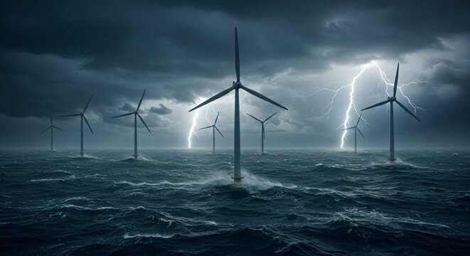 Offshore wind farm with lightning storm, a sustainable energy concept. Renewable power generation, environmental protection, electric industry. - Powered by Adobe