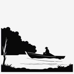 A boat drifting on a misty river  silhouette image vector art and illustration  © Shahanaz