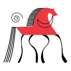 Vector red horse drawn in mezensky style. Mezen painting. Mezensky style. Illustration of red horse in geometric art style on white background
