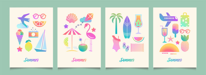 Summer backgrounds with gradient icons or badges of vacation mood in flat design. Modern geometric vector illustrations. Trendy  posters, cards, banners, print on shirts.