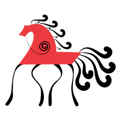 Vector red horse drawn in mezensky style. Mezen painting. Mezensky style. Illustration of red horse in geometric art style isolated on white background