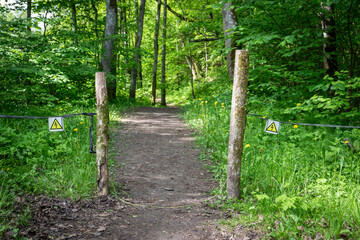 Forest Trail Entrance with Electric Warning Signs and Rope Barrier for Restricted Access