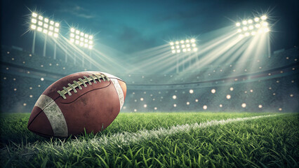 American football on green field under stadium lights at night  