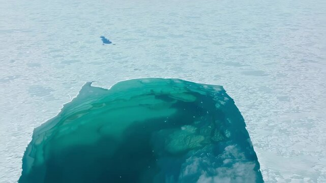 A remarkable lander approaches the frozen expanse of a distant planet, casting its shadow on the icy surface. The turquoise water peeks from beneath the frost, hinting at hidden mysteries.