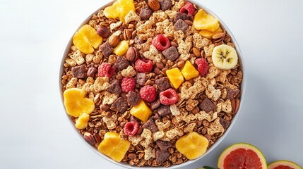 Colorful bowl of mixed granola with fruits and nuts on a light background