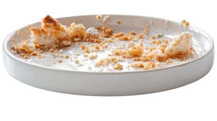 A white plate with crumbs and cake pieces is shown after eating.