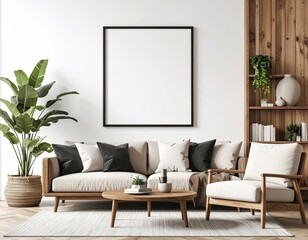 Modern living room with wood accents neutral tones and a blank framed poster