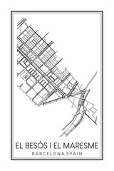 Hand drawn printable downtown road map poster of borough EL BESÒS I EL MARESME of the Spanish city of BARCELONA on solid white background with city name