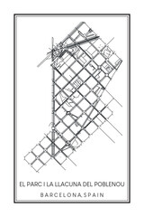 Hand drawn printable downtown road map poster of borough EL PARC I LA LLACUNA DEL POBLENOU of the Spanish city of BARCELONA on solid white background with city name