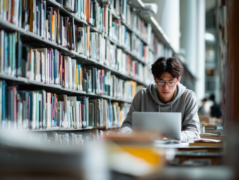 Young Asian man studying in library, focused on his laptop amidst bookshelves. serene environment enhances his concentration and learning experience - Powered by Adobe