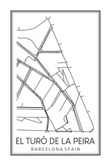 Hand drawn printable downtown road map poster of borough EL TURÓ DE LA PEIRA of the Spanish city of BARCELONA on solid white background with city name