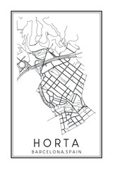 Hand drawn printable downtown road map poster of borough HORTA of the Spanish city of BARCELONA on solid white background with city name