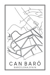 Obraz premium Hand drawn printable downtown road map poster of borough CAN BARÓ of the Spanish city of BARCELONA on solid white background with city name