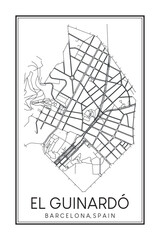 Hand drawn printable downtown road map poster of borough EL GUINARDÓ of the Spanish city of BARCELONA on solid white background with city name
