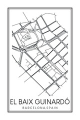 Hand drawn printable downtown road map poster of borough EL BAIX GUINARDÓ of the Spanish city of BARCELONA on solid white background with city name