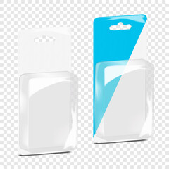 Rectangular empty cardboard back clear plastic blister box with euro hole. 3d mock-up. Rectangle hanging individual sleeve product package. Realistic vector mockup. Easy editable template