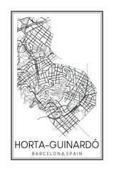 Hand drawn printable downtown road map poster of borough HORTA-GUINARDÓ of the Spanish city of BARCELONA on solid white background with city name