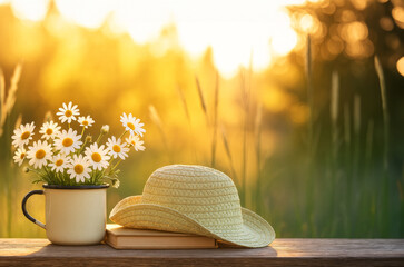 Daisies in Mug with Straw Hat at Sunset