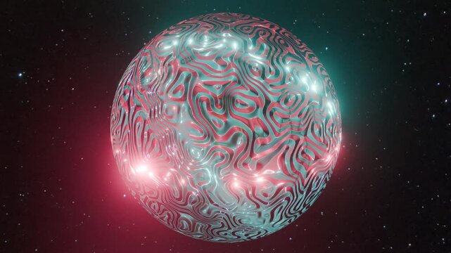 Round sphere  lit from two sides, showing red and blue green liquid like texture, rotating slowly. Bright light reflections from the surface.Spere is rotating slowly.  Fantasy scenario. 
