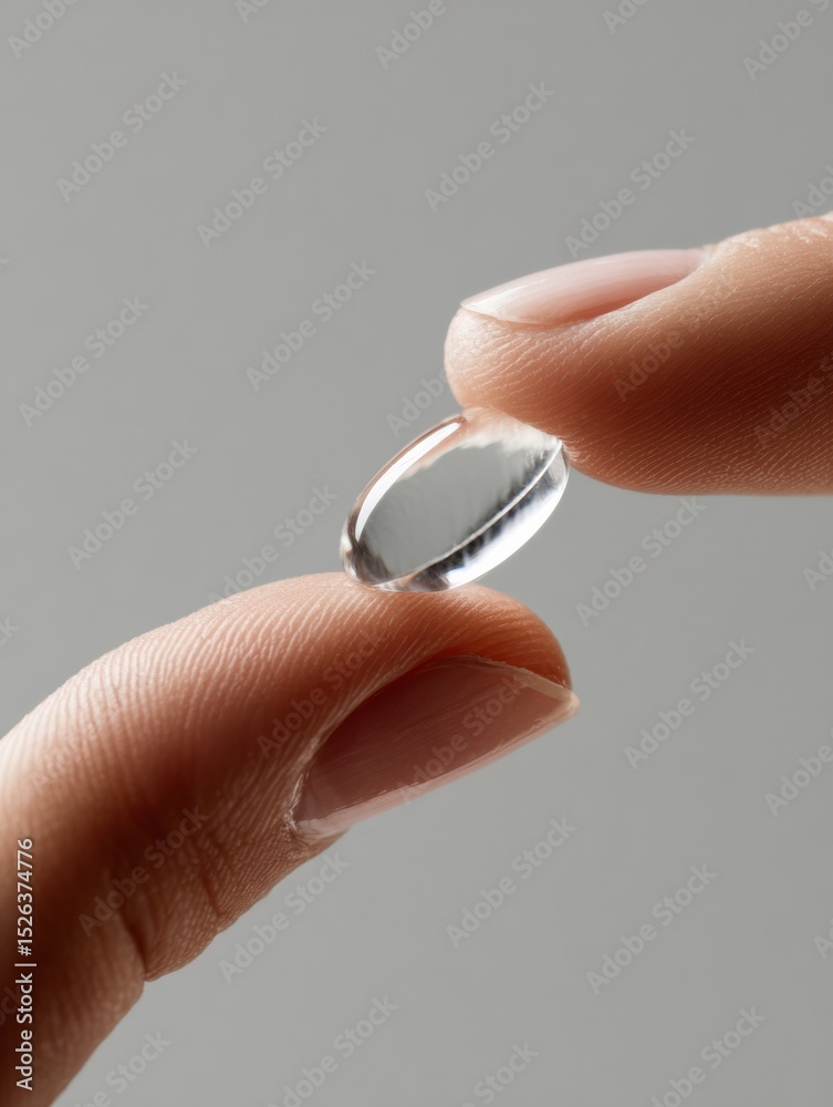 Poster Transparent Lens Floats Above Finger Demonstrating Delicate Grip and Precision in Handling Lens Technology in a Neutral Environment