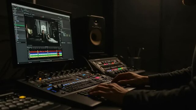Professional video editor using editing software, workstation in a dark room