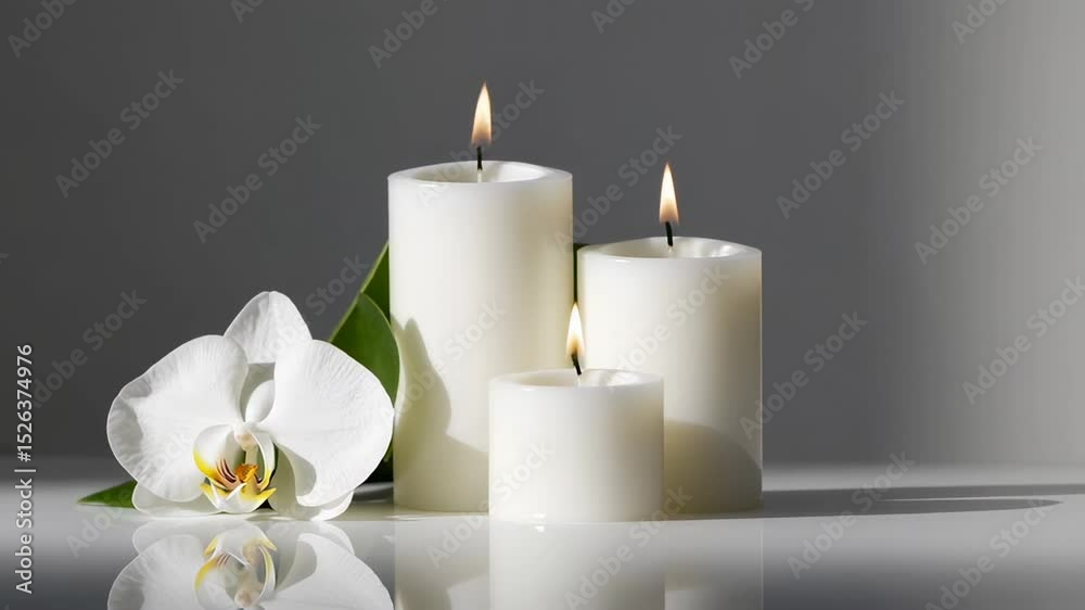 Poster White burning candles of different sizes and a white orchid flower with a green leaf create a serene atmosphere on a reflective surface against a gray background