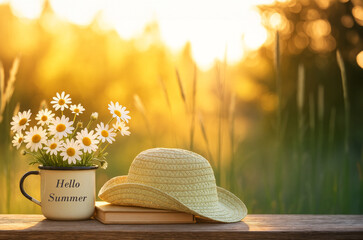 Hello Summer Mug with Daisies and Hat