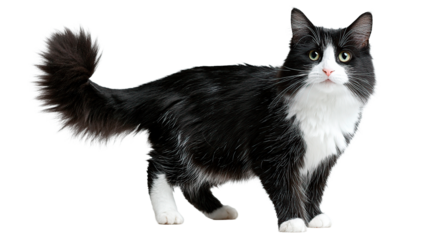The captivating tuxedo black and white cat is striking, featuring beautiful green eyes and fluffy fur.