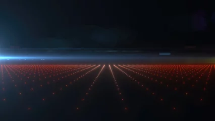 Fototapete Schwarz A futuristic red neon grid landscape with a glowing horizon, evoking a retro-futuristic and sci-fi aesthetic background  © Bolbik