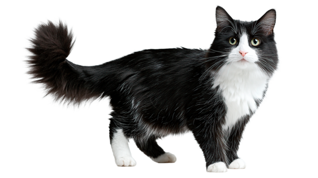 The captivating tuxedo black and white cat is striking, featuring beautiful green eyes and fluffy fur.