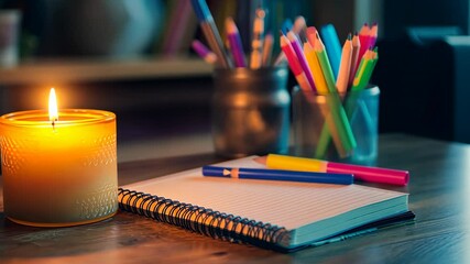 A glowing candle on a desk beside a notebook and a set of colorful markers.