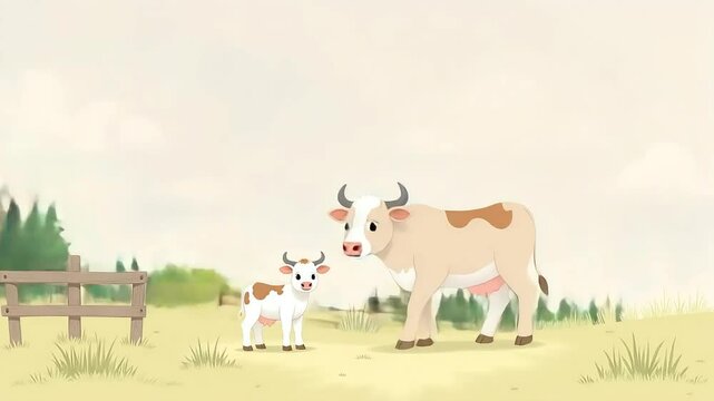 Cute cow and calf standing in grassy field with fence and trees in cartoon style
