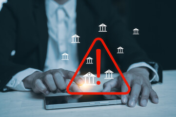 internet network security concept, man using smartphone with triangle caution warning sign notification error, maintenance, e-document data protection, Secure data protection network security system