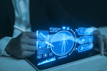 Medicine doctor hand working with modern computer interface as concept In the digital medical realm, a doctor touches electronic records on a tablet
