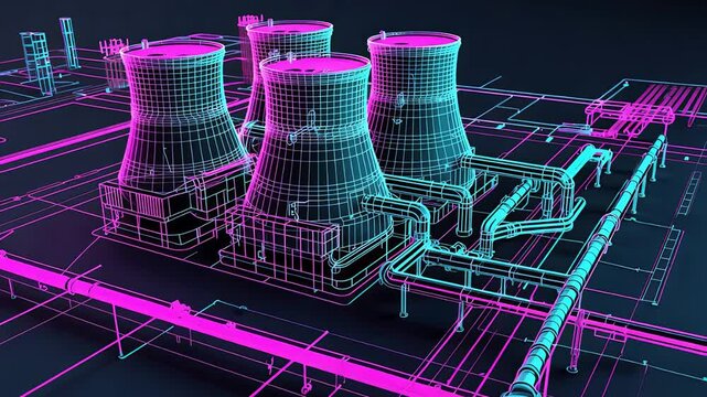 Futuristic wireframe model of industrial cooling towers and pipeline system with neon pink and cyan grid layout in a digital 3D engineering scene

