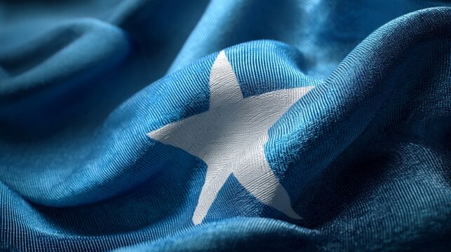 The flag of Somalia features a blue background with a prominent white star at its center, symbolizing unity and peace. - Powered by Adobe