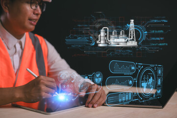 Reduce CO2 emissions and carbon footprint to limit global warming and climate change. Sustainable development and green business, man pointing at report and virtual diagram showing co2 emission icon