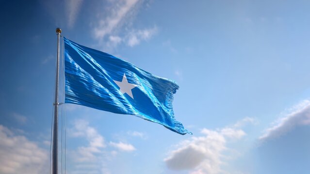 Somalia's flag waving under a clear blue sky with fluffy white clouds on a sunny day - Powered by Adobe